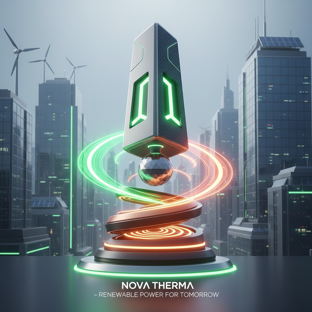 Un dispositivo tecnológico futurista con luces brillantes se encuentra en el centro de una ciudad moderna con aerogeneradores.